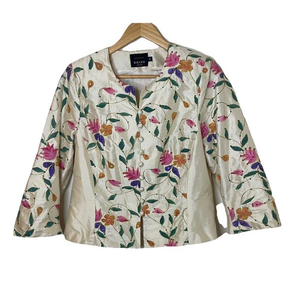 KRISS Sweden Hand Painted Flowers Silk Jacket Artsy Art-to-wear EU 38 / US 6 / M - Picture 2 of 16